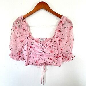 12th Tribe Womens Fairy Coquette Mesh Cropped Rushed Top Size S Pink Cottagecore